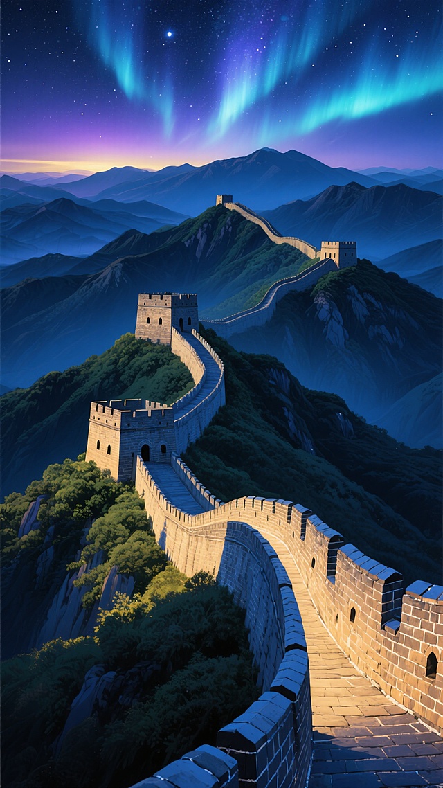 中国长城蜿蜒于层叠山峦之上，古老的砖石城墙与烽火台细节清晰，采用数字艺术风格，主色调为深蓝与金色渐变，背景是璀璨星空下的极光，星辰点缀夜空，光线从地平线向上呈现深邃靛蓝到亮紫的渐变，城墙受柔和的蓝色冷光照射，呈现出光滑的石材质感，山体覆盖着墨绿与暗蓝的植被，整体构图采用三分法，长城作为视觉引导线从画面左下角延伸至右上角，营造出神秘而壮丽的氛围，光影对比强烈，高光部分在城砖边缘形成鲜明轮廓，阴影深邃增强立体感，无文字元素，纯粹的自然与历史景观融合。