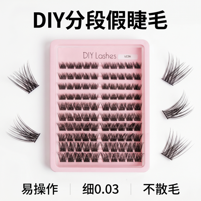 [主图 6] 全系列产品展示，氛围风格：1688源头工厂多规格展示，突出性价比。画质：商业摄影质感、光线柔和通透、产品清晰真实、画面干净高级。元素：整盘假睫毛居中平铺展示，周围错落摆放3-5簇取下的单预览效果