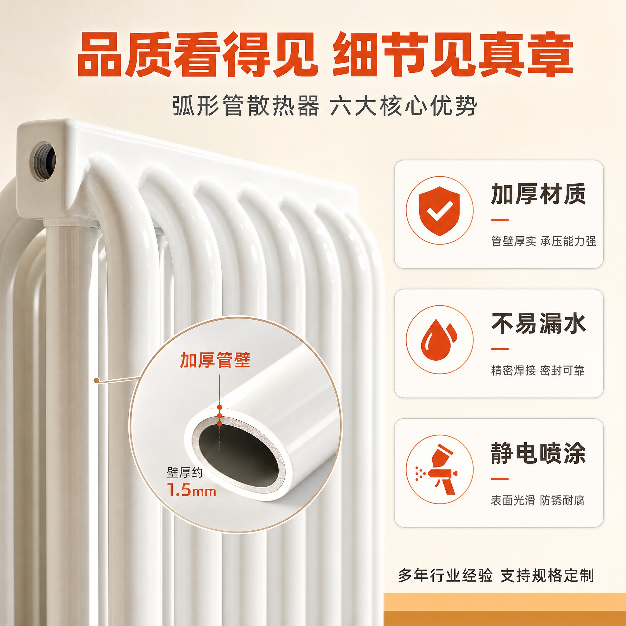 [主图-2] 主题：弧形管散热器结构与材质卖点图，展示加厚管壁… - 图片创意预览