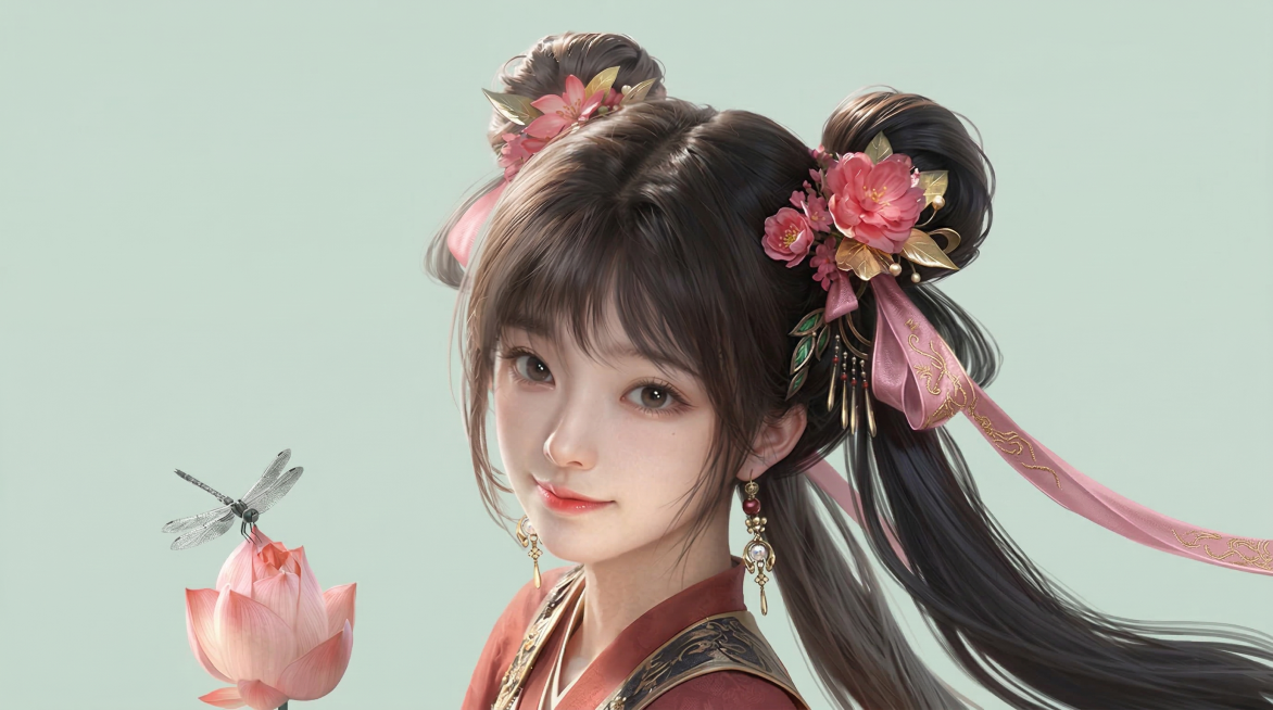高清重绘，添加细节，改为游戏美女CG风格，2.5原画风格，纯色背景，保留原图人物形象和发饰荷花元素预览效果