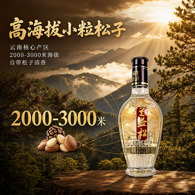 [主图-2] 产地溯源主题，核心任务是展示高海拔小粒松子的产地优势，建立品质信任。
[统一基调] 暖金棕调国风品质风格，整体色调以暖金色、深棕色、米白色、自然绿色为主，传递自然、纯净、高海拔产地的可信感。背景采用上半部分高海拔山林场景渐变、下半部分深棕色品质底色的融合设计。标题字体为厚重国风书法体，字色为暖金色；辅助文案为细宋体，字色为米白色；数据数字用大号暖金色突出。
[画面] 产品瓶身位于画面右下方，占画面约40%，瓶身完整，正面朝向观众，自然放置在木质台面上。画面左上方和背景为高海拔云南松林场景，2000-3000米高山云雾缭绕，松树挺拔，松子挂在枝头，阳光穿透云层洒下丁达尔光效，营造纯净自然的产地氛围。画面中部有大号数字"2000-3000米"醒目展示，旁边配有小粒松子的特写插图。有几条纤细的金色引线从产地场景指向产品瓶身，体现原料与成品的关联。
[光影质感] 自然暖阳逆光质感，主光从画面左上方山林方向打来，形成柔和的逆光效果，松针和云雾边缘有明亮的金边，产品瓶身受光均匀，玻璃通透，酒液有温润的光泽，底部有自然的木质台面接触阴影，整体光影自然真实，突出产地的纯净与产品的品质。
[配色] 主色：深棕色品质底色、暖金色文字与数据、自然绿色松林、米白色辅助文字、淡琥珀金色酒液。整体暖金棕调融入自然产地色彩，统一国风品质感。
[文字版式] 主标题为横排厚重书法体"高海拔小粒松子"，位于画面左上方，字色暖金色，字号最大。主标题下方为辅助文案，分三行："云南核心产区"、"2000-3000米海拔"、"自带松子清香"，字色米白色，字号约为主标题的35%。大号数字"2000-3000米"位于画面中部偏左，字色暖金色，字号醒目。文字均放在负空间，不遮挡产品主体和核心场景。
[输出要求] 1:1正方形比例，2048*2048像素，文字清晰可读，产品清晰完整无变形，产地场景真实自然，无错字，画面干净高级，无水印，无平台Logo。禁止产品变形、穿模，禁止出现绝对化违禁词。