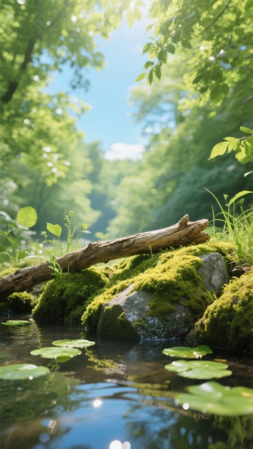 超写实摄影风格，画面整体呈现明亮通透的自然氛围，阳光透过茂密树叶形成斑驳光影，顶部是翠绿的树叶和湛蓝的天空，前景为覆盖着鲜黄绿色苔藓的湿润岩石，岩石上横放着一根带有粗糙纹理的浅棕色朽木，周围点缀着嫩绿的小草和叶片，底部是清澈的溪流，水面漂浮着几片绿色的浮萍并反射着阳光的光斑，整体构图采用三分法，景深控制得当，前景清晰而背景呈现柔和的虚化效果，色彩以各种层次的绿色为主，搭配原木色和清澈的蓝色，光……预览效果