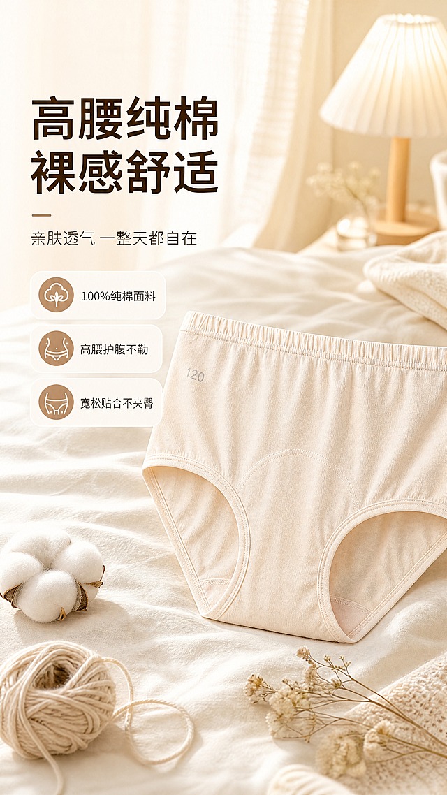 [商品] 使用【图1】浅米杏色高腰纯棉内裤；商品处理：保留高腰剪裁、弹力腰头、裤腿包边、裆部结构、120尺码标识、浅米杏颜色和纯棉面料质感；自然去除衣身杂乱褶皱，理顺腰头与裤腿边缘，增强面料织纹与缝线质感，不改变版型和结构。
[画面] 页面目标：风格头图海报，营造温柔治愈的家居氛围，突出高腰纯棉核心卖点。构图：左文右图，右侧内裤正面平铺于柔软床品上，占画面约55%，左侧留白放标题与卖点。前中后景：前景散落棉线团与干花小道具，中景内裤主体，后景虚化的米白色亚麻窗帘与暖光台灯。阅读动线从左上标题到右侧产品。
[视觉] 套系策略：风格=温柔治愈系家居商业摄影；标题字=现代无衬线粗体（思源黑体Heavy）；正文字=简洁无衬线体（思源黑体Regular）；主色=浅米杏；背景延展=基于浅米杏做深浅层级、同色渐变和细腻织物/纸张质感；强调色=奶茶棕，仅用于小面积图标、引线和标签；标题色=深暖棕；正文色=中暖灰；组件=圆角浅底信息卡、细线引线、棉麻质感底衬；光影=左前侧暖柔光，柔和自然阴影。
[文字] 左上主标题"高腰纯棉 裸感舒适"，副标题"亲肤透气 一整天都自在"，下方3个短卖点：「100%纯棉面料」「高腰护腹不勒」「宽松贴合不夹臀」。文字区位于左侧1/3处，不遮挡产品主体。标题有设计感，主标题字号大，副标题次之，卖点用小圆点引导。
[规格] 图片比例9:16竖版，4K，避免变形、错字、文字过小、冷蓝/蓝灰背景、内裤颜色改变、版型失真、低俗擦边、绝对化用语。