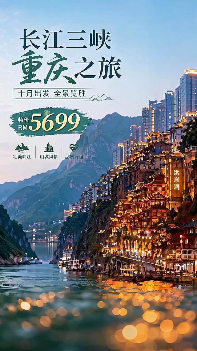 写实商业摄影风格旅游海报，整体版式精美，构图层次分明。主背景为壮丽长江三峡自然风光，融合重庆洪崖洞山城夜景，前景虚化峡江波光，背景层是叠嶂青山与都市灯火。主标题文字为"长江三峡重庆之旅"，副标题文字为"十月出发 全景览胜"，装饰文案为"特价 RM5699"，卖点文字为"壮美峡江 山城风情 品质行程"。文字清晰可读，放置在负空间不遮挡主体景观。色彩清新自然，突出峡江的青绿山水和山城灯火暖调对比，采用前景虚化背景，景深自然，画质超清4k，符合9:16竖版海报构图。
