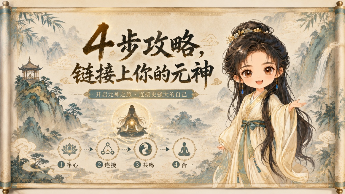 内容封面，古色古香风格，羊皮纸卷轴背景搭配青绿山水国画元素，使用上传图片中人物的五官绘制Q版古风人物IP形象，主标题文字为"4步攻略，链接上你的元神"，所有设计元素与主标题主题呼应，文字清晰可读，版式预览效果