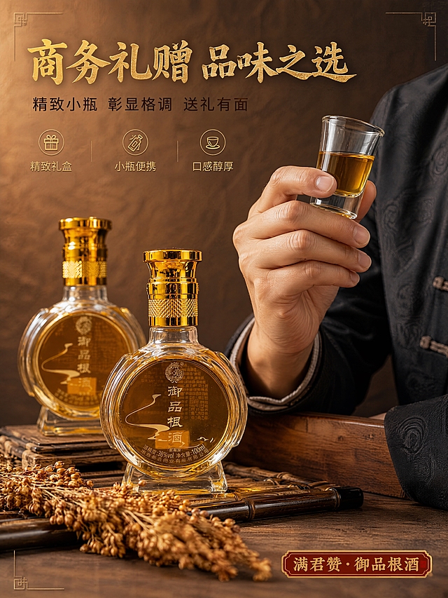 [商品] 使用【图8】双瓶+酒杯+竹帘+高粱元素；保留瓶身造型、金色瓶盖、琥珀酒液、酒杯透明玻璃质感、竹帘纹理、干高粱穗；商品处理：增强瓶身玻璃通透感，酒液琥珀色泽，酒杯反光自然，竹帘纹理清晰。新增：画面右侧加入一位穿深色中式服装的亚洲成熟男性手部（仅手部+小臂），右手持酒杯做品鉴姿势，手部自然真实，肤色自然。
[画面] 目标：模特展示页（手部+局部），体现商务男士品鉴养生酒的生活方式。构图：左产品右人物，产品占画面55%。左侧两瓶酒前后错落放置于竹帘上，前景高粱穗；右侧男性右手持透明酒杯（杯中盛琥珀色酒液），手腕搭在木质桌沿，做轻嗅/品鉴动作。背景为深棕色肌理墙面暖光。3层视觉：前景高粱穗+竹帘、中景酒瓶+持杯手部、背景暖光墙面。
[视觉] 套系策略：风格=东方新中式国潮商业摄影风；标题字=书法宋体/宋体粗体，带轻微金石质感；正文字=思源黑体常规体；主色=暖金琥珀色+深棕木色；背景延展=基于深棕木色做深浅渐变、宣纸纹理、木质肌理延展；强调色=朱砂红，仅用于小面积印章、标签、图标点缀；标题色=烫金色/深棕；正文色=深棕暖灰；组件=中式回纹边框、竖线分隔、印章式标签、细线引线；光影=左前侧暖柔光，右侧人物手部受光均匀，整体暖调高级。
[文字] 左上区域横排文字：主标题「商务礼赠 品味之选」（8字，烫金色），副标题「精致小瓶 彰显格调 送礼有面」（12字，深棕色）。下方3个横排卖点：「精致礼盒」「小瓶便携」「口感醇厚」。右下角印章标签「满君赞·御品根酒」。文字均横排，不遮挡酒瓶和持杯手部。
[规格] 图片比例3:4竖版，4K分辨率，负向提示：避免冷色调、文字竖排、产品变形、手部失真、医疗功效宣传、极限词、全裸/低俗。