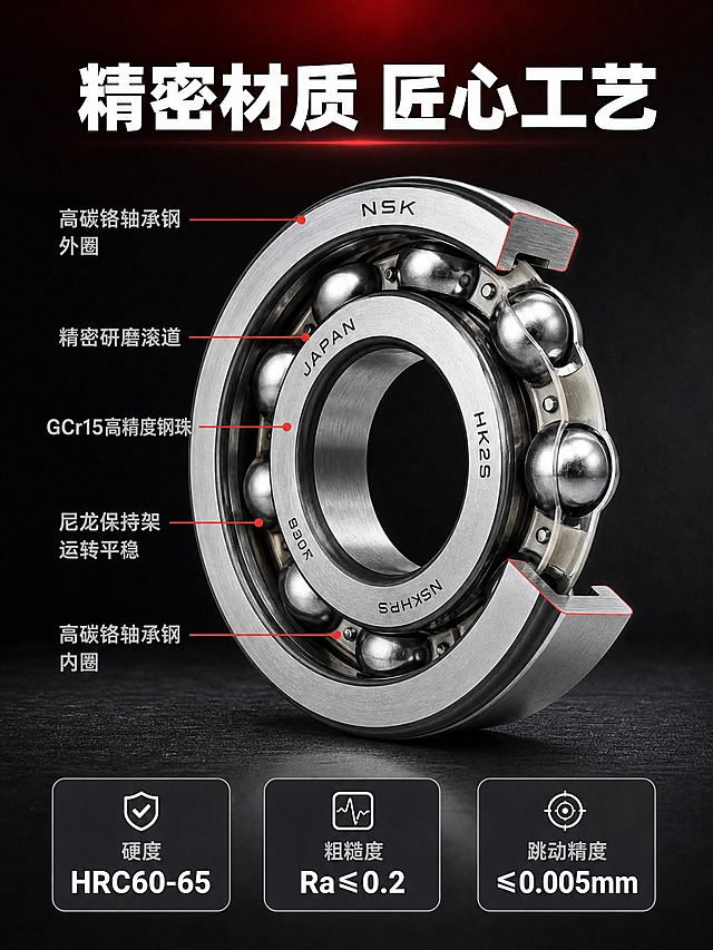 [商品] 使用【图1】开式NSK深沟球轴承；保留轴承真实结构比例，做半剖处理展示内部钢珠、滚道、保持架结构，金属材质与刻字不变。
[画面] 详情页第三张材质工艺解析，画面中央为轴承半剖结构特写，剖面朝向观众，清晰展示外圈滚道、内圈滚道、钢珠、保持架的层次结构；剖面边缘有红色高亮线标注关键部位；背景为深灰近黑渐变，突出金属剖面质感；上下分布文字信息区，主体占画面约60%。
[视觉] 套系策略：风格=高端工业金属商业摄影风；标题字=无衬线超粗黑体；正文字=无衬线常规体；主色=深炭灰；背景延展=深灰近黑渐变+细微颗粒质感+顶部酒红光晕；强调色=NSK品牌红；标题色=纯白；正文色=银灰色；组件=红色引线标注、剖面高亮线、深色圆角参数卡；光影=侧硬光突出剖面层次与金属肌理。
[文字] 顶部主标题"精密材质 匠心工艺"白色粗体居中；从轴承各部位引出红色细引线标注："高碳铬轴承钢 外圈""精密研磨滚道""GCr15高精度钢珠""尼龙保持架 运转平稳""高碳铬轴承钢 内圈"；底部3个横向参数卡："硬度HRC60-65""粗糙度Ra≤0.2""跳动精度≤0.005mm"，深灰底白字圆角卡；文字不遮挡剖面核心结构。
[规格] 图片比例3:4竖版，2K分辨率，避免变形、错字、文字过小、模糊、水印、虚假参数、绝对化用语。