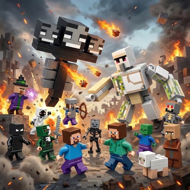 去掉画面右上角的骷髅人，保留其余12款我的世界人仔，维持缩小的人仔比例、凸出主次的站位以及热血战斗氛围预览效果