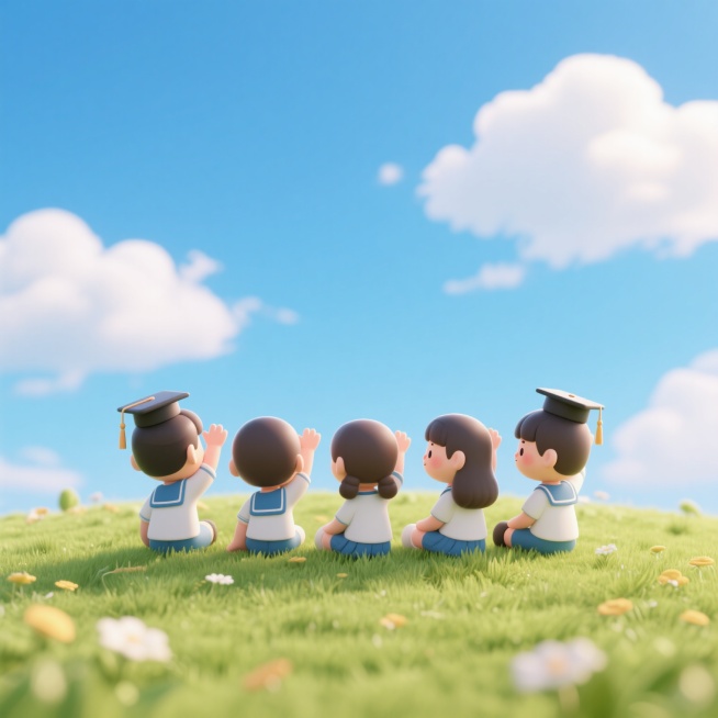 毕业季，上方是蓝天白云，下方是草地，学生们坐在草地上向远方招收预览效果