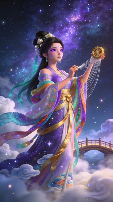 古代神话织女，天帝之孙女，云锦天衣巧手织娘，温婉柔美面容，肤若凝脂，淡紫色双眸，含情脉脉带一丝离愁，乌黑长发高挽瑶台髻，点缀玉钗珠花，鬓边垂落青丝，身披七彩霓裳羽衣，衣袂层叠如云霞，袖口裙摆绣星宿云纹预览效果