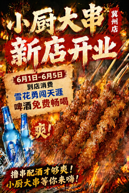 烧烤店新店开业宣传海报，展示美味烤肉串，主题文字为"小厨大串冀州店 新店开业"，活动信息为"6月1日-6月5日 到店消费雪花勇闯天涯啤酒免费畅喝"，烟火气风格，诱人食欲预览效果