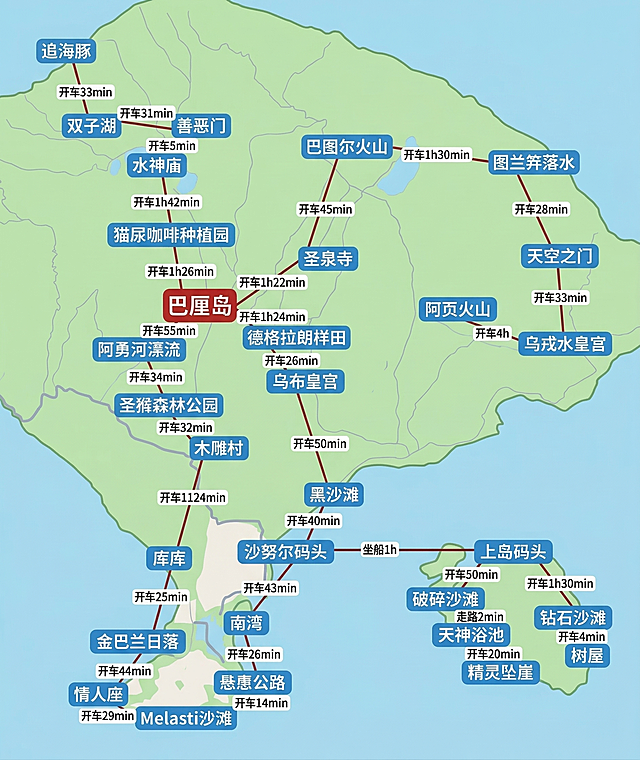 将参考地图简化为极简清新风格的简易地图，保留巴厘岛核心景点名称、路线和车程信息，去除多余装饰元素，线条简洁明了，整体清晰易读