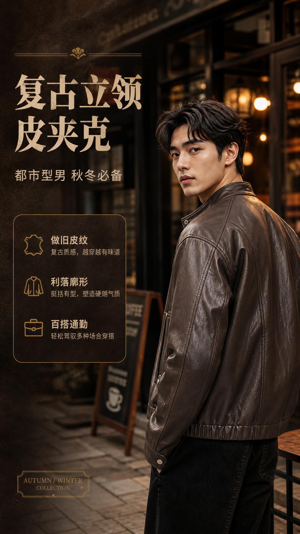 [商品] 使用【图1】深棕色立领PU皮夹克；商品处理：保留立领… - 图片创意预览
