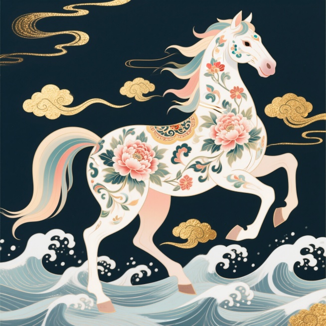 身上有传统古典花纹的马，花纹比如牡丹，祥云，海浪纹路预览效果