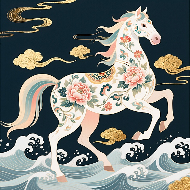 身上有传统古典花纹的马，花纹比如牡丹，祥云，海浪纹路