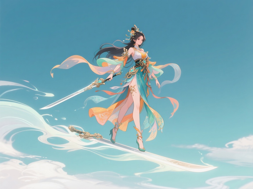 游戏角度设定，女性修仙者人物角色，2D卡通风格，不同的服饰配色，仙侠主题，仙侠人物，修仙人物，站在飞剑上在天上往左飞，仙气飘飘，大师构图，人物侧面视角，细节层次丰富，奢华，结构复杂，高质量，单个场景，预览效果