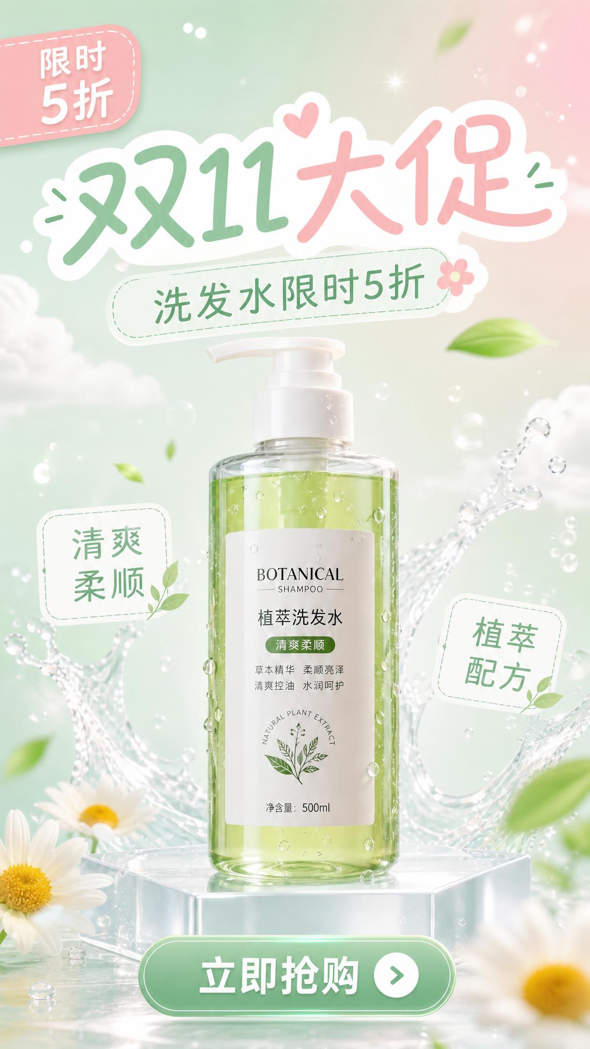 将这张洗发水海报的背景和文字改为年轻人喜欢的小清新风格。产品瓶… - 图片创意预览