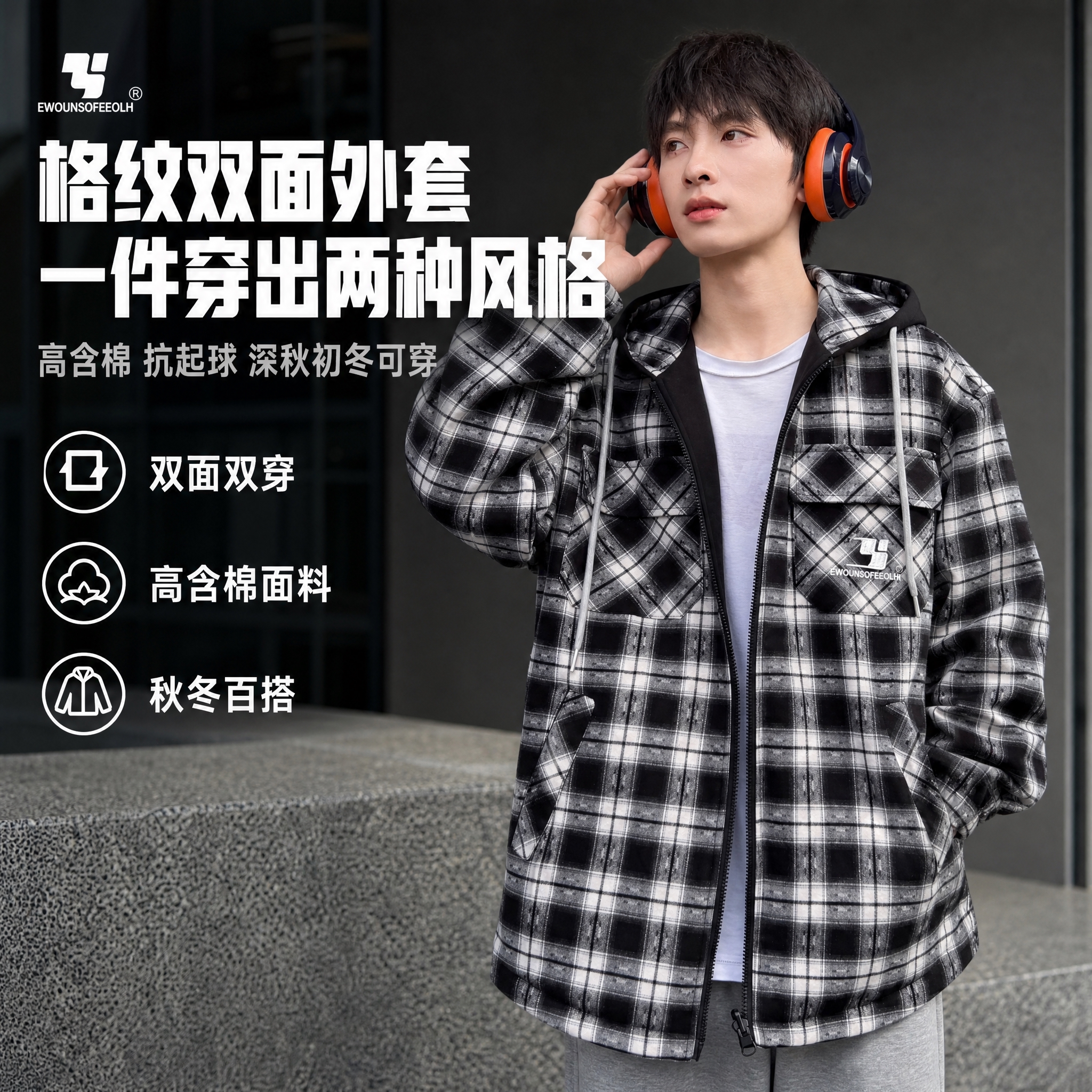 [主图1-首图] 抖音电商1:1男装双面穿连帽开衫外套首图，格… - 图片创意预览