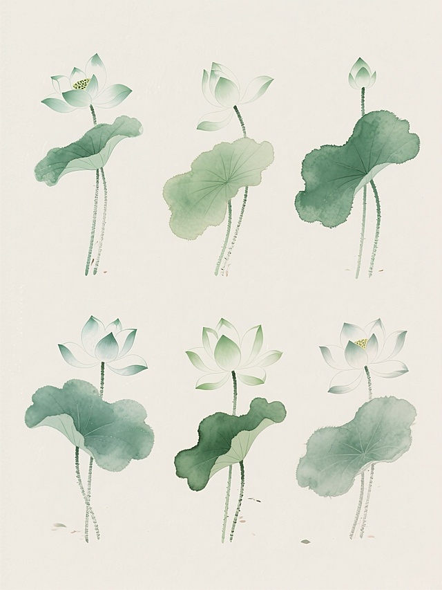 中国传统水墨风格的荷花插画，6个不同配色、不同样式、不同材质的「莲花」造型，浅色背景，上下两行对齐排列，水墨晕染效果，透明感的花瓣，绿色荷叶，淡雅色调，自然笔触，留白设计，清新雅致的氛围，细腻的线条勾勒，柔和的光影效果，具有东方韵味的装饰图案，水彩质感，简洁的构图，植物的自然形态，层次分明的色彩过渡，传统绘画的笔触质感。