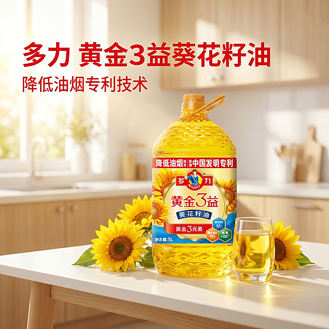 [主图 1] 阳光健康餐桌场景首图，展示多力黄金3益葵花籽油。[氛围风格] 阳光明媚清新自然风格，温馨厨房氛围。[画质] 商业摄影质感、光线柔和通透、产品清晰真实、画面干净高级。[元素] 5L装多力黄金3益葵花籽油瓶居中放置在干净米白色餐桌上，周围点缀新鲜盛开的向日葵花，旁边透明玻璃杯中盛有清亮通透的葵花籽油。保持产品外观（物理结构、材质质感、颜色）与输入产品图绝对一致，杜绝任何变形和色差，精细化处理。商品主体占比严格控制在60%-80%之间，画面满屏无边框。背景是明亮的简约厨房，阳光透窗而入，温暖自然。[光影] 自然晨光从侧面射入，形成柔和暖逆光，突出葵花籽油的通透金黄色泽，油体光泽透亮，阴影柔和不生硬。[配色] 主色调为向日葵金黄色搭配品牌红蓝配色，整体阳光清新健康。[视角构图] 平视拍摄，景深适中，产品完整居中展示不裁切。[文字版式] 左上负空间左对齐留安全边距，主标题“多力 黄金3益葵花籽油”红色最大粗体字，副标题“降低油烟专利技术”约半高，文字对比清晰，不遮挡产品主体。[比例分辨率] 1:1 比例，2k 分辨率；文字清晰锐利，画面超高清。[负向提示词] 变形，水印，文字错乱，产品图模糊，背景杂乱，绝对化违禁词，夸大宣传。