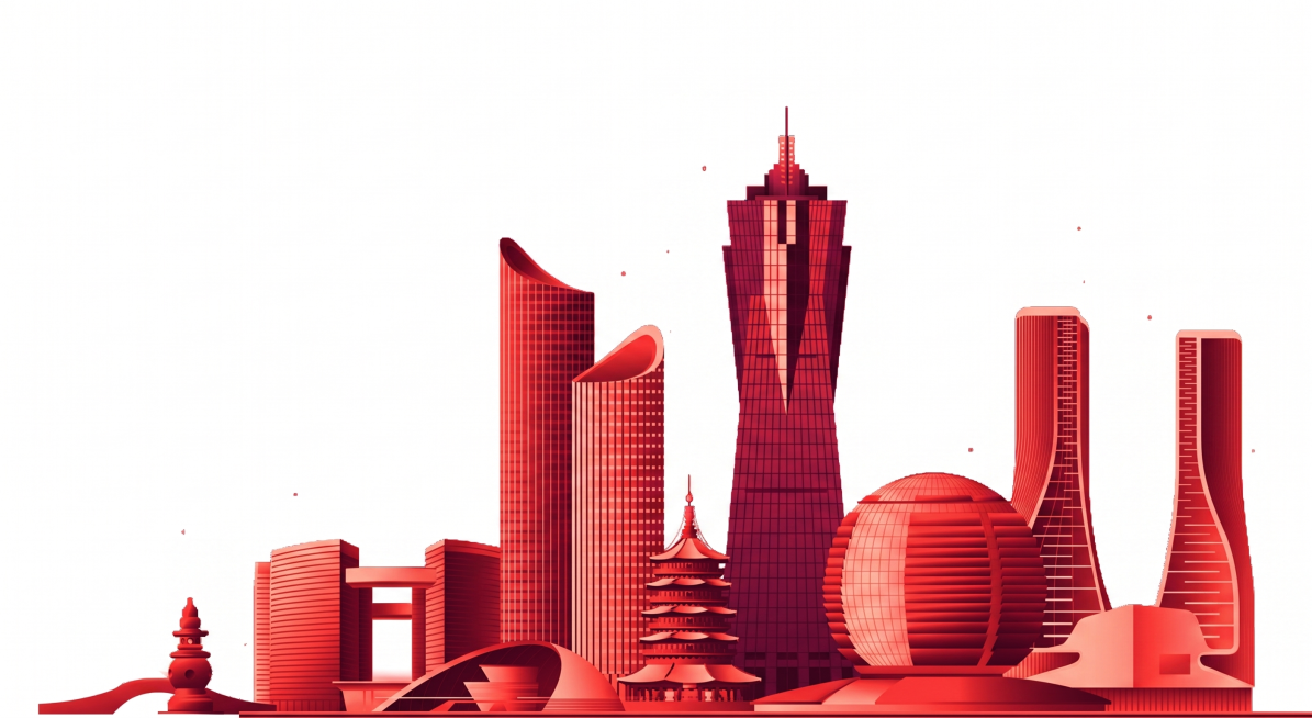 将图片整体颜色调整为红色，保持城市建筑剪影的造型和构图不变预览效果