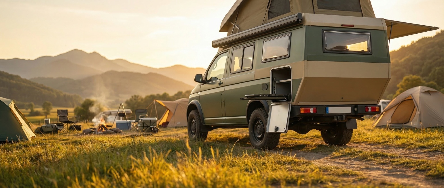 全景展示露营房车停靠在户外露营地，折叠烧烤车整齐收纳在房车侧面行李箱中，保持主体物理结构不变，黑色的折叠烧烤车结构完整，保留所有金属部件。采用户外露营风，黄金时刻逆光，军绿和卡其色调，房车全景清晰，聚预览效果