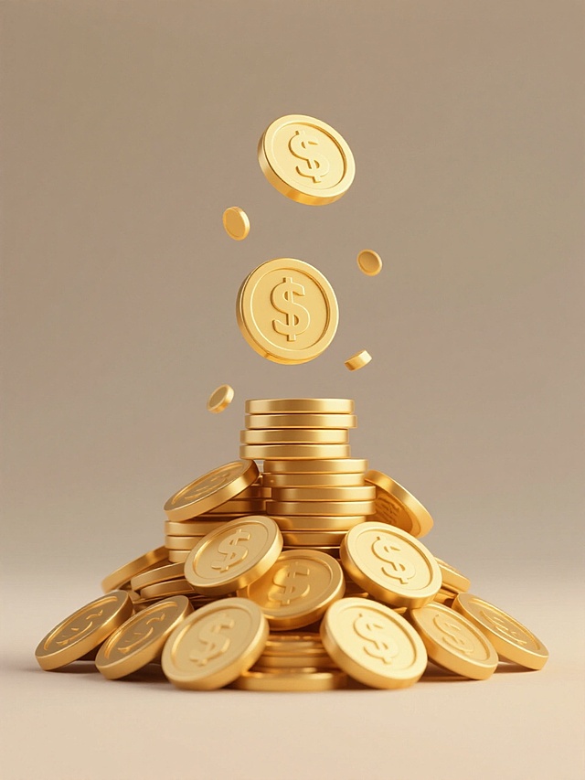 简约现代风格系列素材，纯色背景，规整排布的单一金币元素图案，金币呈现为从上方洒落并堆叠成小山状的动态效果，金币具有金属质感的金黄色，表面光滑有高光，边缘清晰，整体造型简约，保持风格统一性。