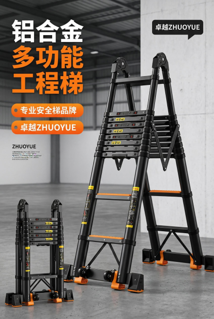 严格还原产品的黑色铝合金梯身、橙色防滑踏板、橙色防滑脚垫、底部滚轮、安全警示标签、折叠伸缩结构等所有细节，保持产品金属哑光质感与橡胶防滑纹理，产品尺寸比例1:1真实还原。画面采用低角度仰拍构图，视觉中预览效果