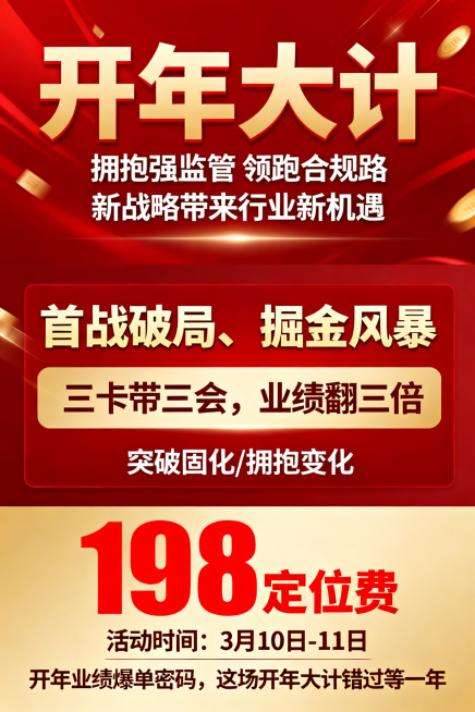 企业开年营销会议海报，顶部大字号突出核心卖点“开年大计”，下方搭配“拥抱强监管 领跑合规路 新战略带来行业新机遇”，中部突出“首战破局、掘金风暴”，重点展示亮点“三卡带三会，业绩翻三倍”，下方标注“突预览效果