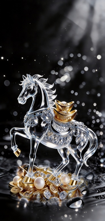 将画面中的蓝色部分改成浅黑色，马的色调改成浅黑色调，保持马的透明材质不变，降低马蹄的饱和度，金色部分颜色不变，生成超高清8K图片预览效果