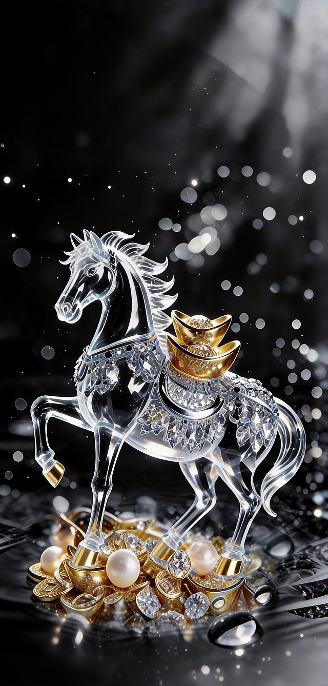 将画面中的蓝色部分改成浅黑色，马的色调改成浅黑色调，保持马的透明材质不变，降低马蹄的饱和度，金色部分颜色不变，生成超高清8K图片