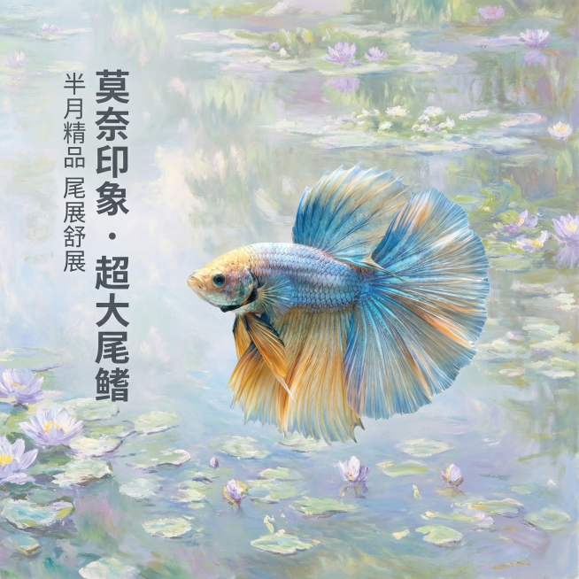 [主图 2] 主题：莫奈花园风泰国半月斗鱼细节展示主图。氛围风格：融合莫奈印象派风格，朦胧自然，睡莲池塘氛围感，高级油画质感，色彩柔和朦胧。画面元素：保持泰国斗鱼本身蓝黄渐变尾鳍外形不变，将背景替换为预览效果