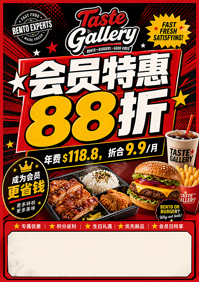 A1尺寸快餐便当门店宣传海报，美式风格，红黑配色，店铺名字"Taste Gallery"，位于澳洲，重点突出会员特惠，主标题大字"会员特惠 88折"，内容"年费$118.8，折合9.9/月"，底部预留少量空白位置补充其他细节，放在门口墙面引人注目，整体醒目吸引路人，红黑色调搭配，美式快餐风格