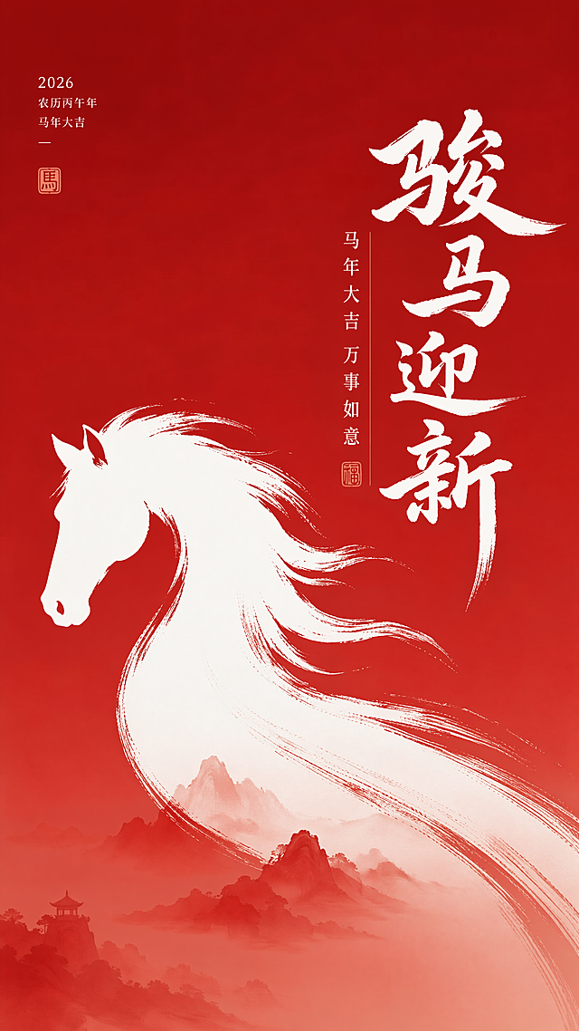 中式简约风格马年宣传海报，主视觉采用写意马形剪影，红白配色，主标题文字“骏马迎新”，副标题文字“马年大吉 万事如意”，整体留白更舒展，简约大气，9:16竖版，红色渐变背景搭配白色书法字体，传统中式韵味
