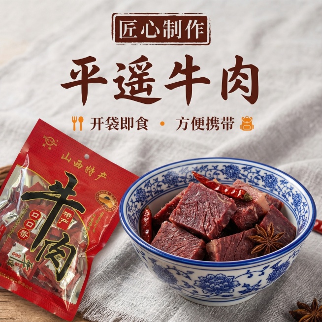 我的产品是平遥牛肉 帮我做20张拼多多高级主图预览效果