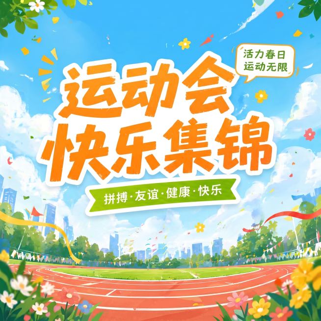 参考原图风格，生成一张1:1的小封面图，主标题文字为"运动会快乐集锦"，画面中不要出现任何人物，保留春季运动会操场蓝天背景，风格为插画，色彩鲜艳明亮预览效果