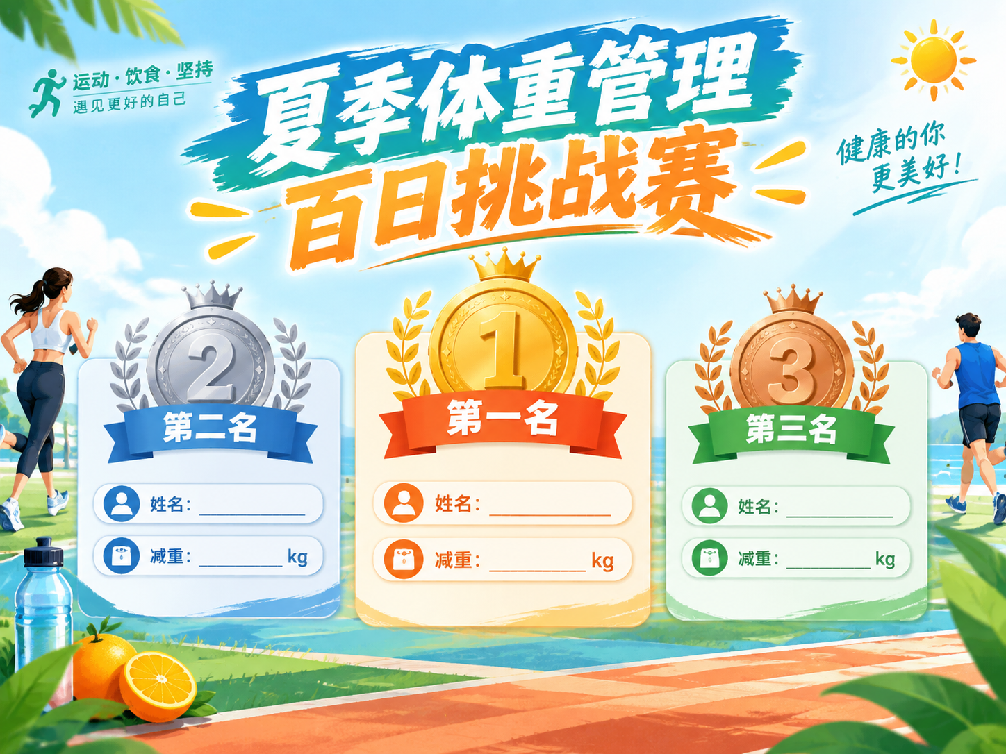 一张“夏季体重管理百日挑战赛”获奖海报，画面中央顶部有醒目的大… - 图片创意预览