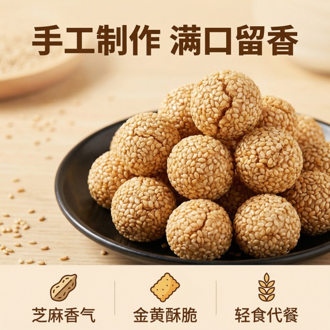 [主图 2 核心卖点]
[主图主题] 芝麻小圆饼核心卖点展示
[氛围/风格] 暖色调自然治愈风格，柔和自然光，突出品质感
[画面元素] 微距特写展示芝麻小圆饼表面满满芝麻颗粒质感，背景为浅暖米色实木餐预览效果