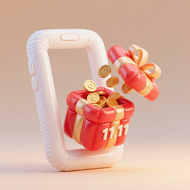 软3D风充气手机框中，红色礼盒弹出金币，11.11字样点缀，喜庆可爱，充满促销氛围。