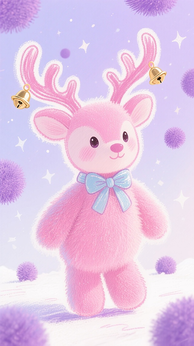 梦幻插画风，粉嫩小鹿拟人化设计，毛茸茸质感搭配铃铛与紫绒球，营造冬日童话氛围，柔和色系传递可爱与温暖。