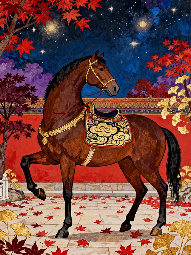 纯扁平风格，复古风格，特写一匹深棕色唐马（佩戴中式云纹马鞍），前蹄微抬的定格瞬间。场景为红色古风枫叶庭院，地面铺红色落叶，周围是深红色枫树与金色银杏。天空为深蓝调的古典油画星空，星星呈柔和光斑。整体色调棕、红、蓝紫、金。