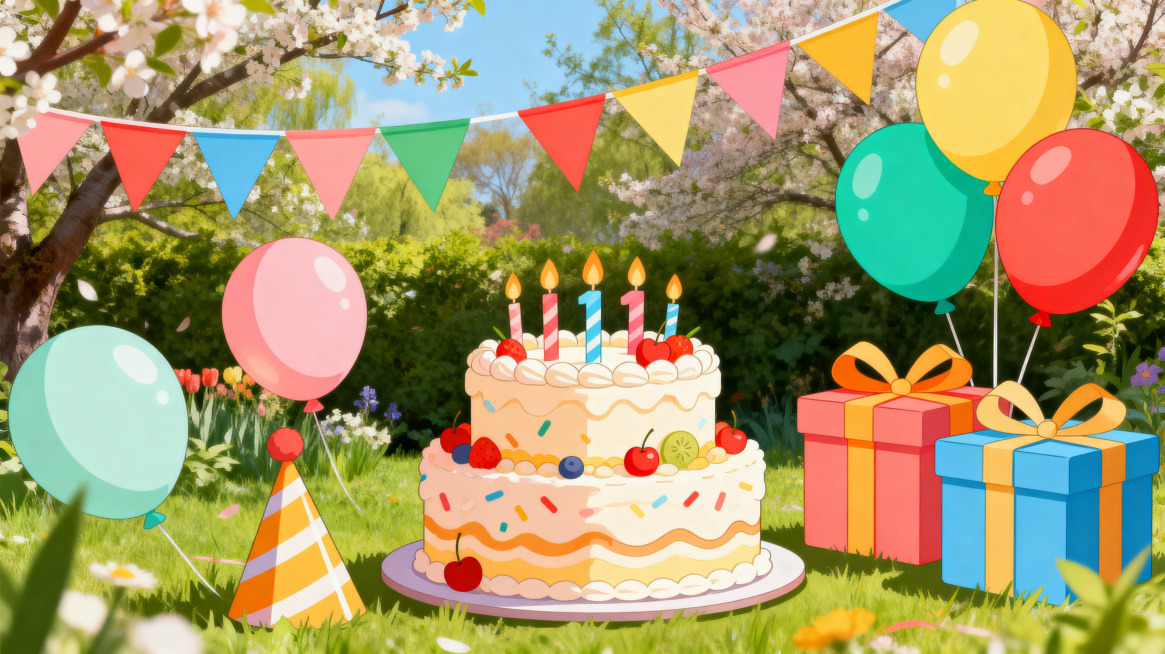 春天氛围生日会背景，春意盎然，包含生日蛋糕，彩色气球，礼物礼盒，三角吊旗，颜色鲜艳活泼，矢量元素与实拍图片相结合，4k高清，细节细腻预览效果