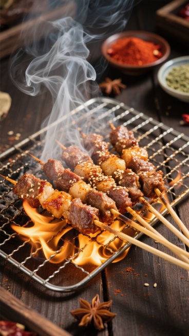 特写镜头下的羊肉串，鲜嫩多汁的肉块肥瘦相间，串在竹签上，正放在金属烤架上炙烤，熊熊火焰从烤架下窜起，舔舐着肉串，肉的表面被烤得金黄焦香，滋滋冒着油光，撒有芝麻和香料，白色的烟雾缭绕升腾，空气中弥漫着诱人的烤肉香气，背景是深色木质桌面，旁边摆放着盛有红色辣椒粉和绿色孜然粉的小碗，还有几颗八角点缀，整体画面色彩浓郁，光影对比强烈，营造出热烈、诱人的烧烤氛围，充满烟火气和食欲感。预览效果