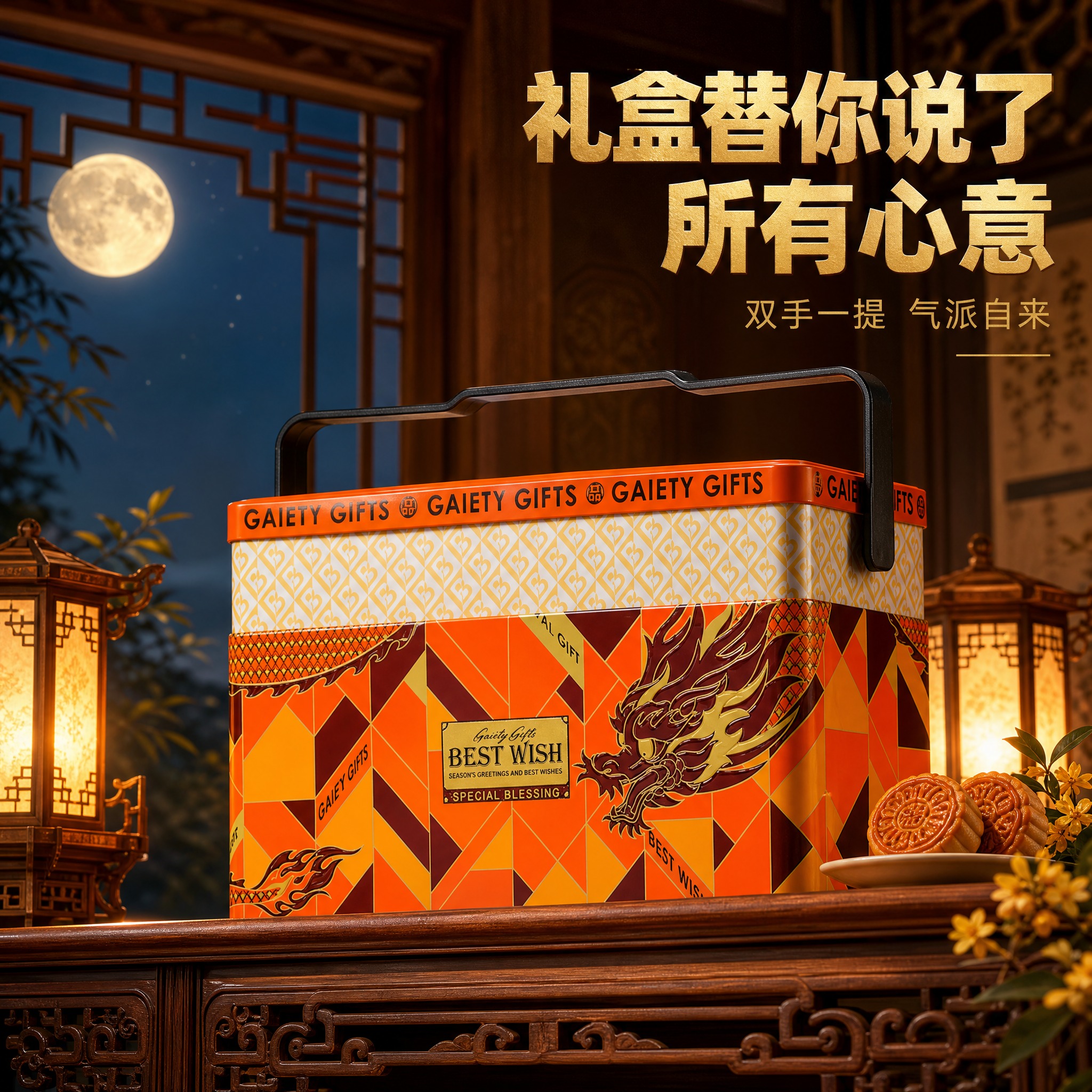 [主图-2] 中秋礼盒场景图，展示礼盒在中式厅堂中的气派摆放，… - 图片创意预览