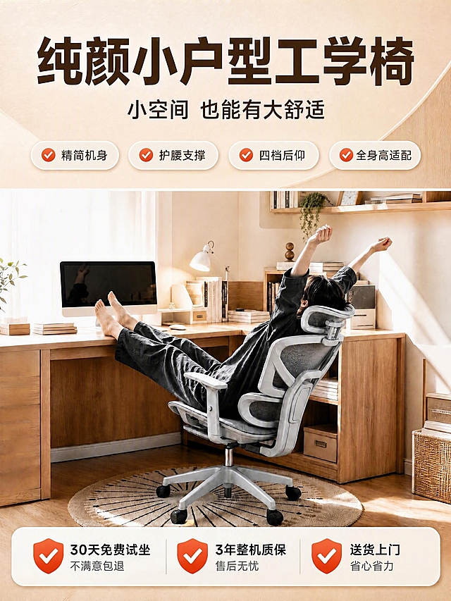 [商品] 使用【图2】收尾总结页；保留灰色人体工学椅完整结构、人物后仰舒展姿态、原木书房场景、顶部主副标题、4个胶囊卖点标签；仅修改底部售后栏第三项，将「德邦送货上门」改为「送货上门」，去掉「德邦」二字，其余画面完全保持不变。
[画面] 收尾总结页，画面内容与原图一致：顶部主标题+副标题+4个勾选胶囊标签，中间人物后仰靠在灰色工学椅上双脚搭书桌双手舒展，原木风书房场景，底部3个售后保障横向并列。
[视觉] 套系策略：风格=暖调原木居家风商业摄影；标题字=现代无衬线粗体（思源黑体Heavy）；正文字=简洁无衬线体（思源黑体Regular）；主色=暖米白+浅原木棕；背景延展=基于暖米白做深浅层级；强调色=暖橙红；标题色=深棕；正文色=中暖灰；光影=午后暖柔光。
[文字] 顶部主标题「纯颜小户型工学椅」，副标题「小空间 也能有大舒适」。4个胶囊标签：精简机身、护腰支撑、四档后仰、全身高适配。底部售后栏3项：✅30天免费试坐 不满意包退、✅3年整机质保 售后无忧、✅送货上门 省心省力。文字均横排。
[规格] 图片比例3:4竖版，4K，避免新增「德邦」字样、避免画面其他内容改变、避免椅子变形、避免冷蓝背景。