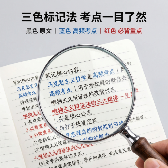 [主图主题] 三色笔记细节展示主图
[氛围/风格] 细节特写，清晰专业，突出标注优势
[画面元素] 放大镜放大展示三色笔记内页，清晰展示黑色普通文字 蓝色高频考点 红色必背重点三种颜色标注，笔记内容排预览效果
