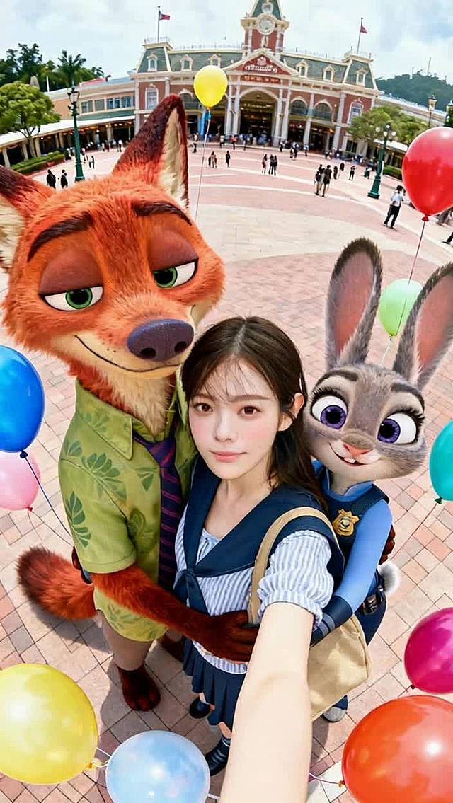 卡通感3D角色风，虚拟现实场景融合真实乐园，色彩鲜艳的气球点缀，节日氛围浓厚。