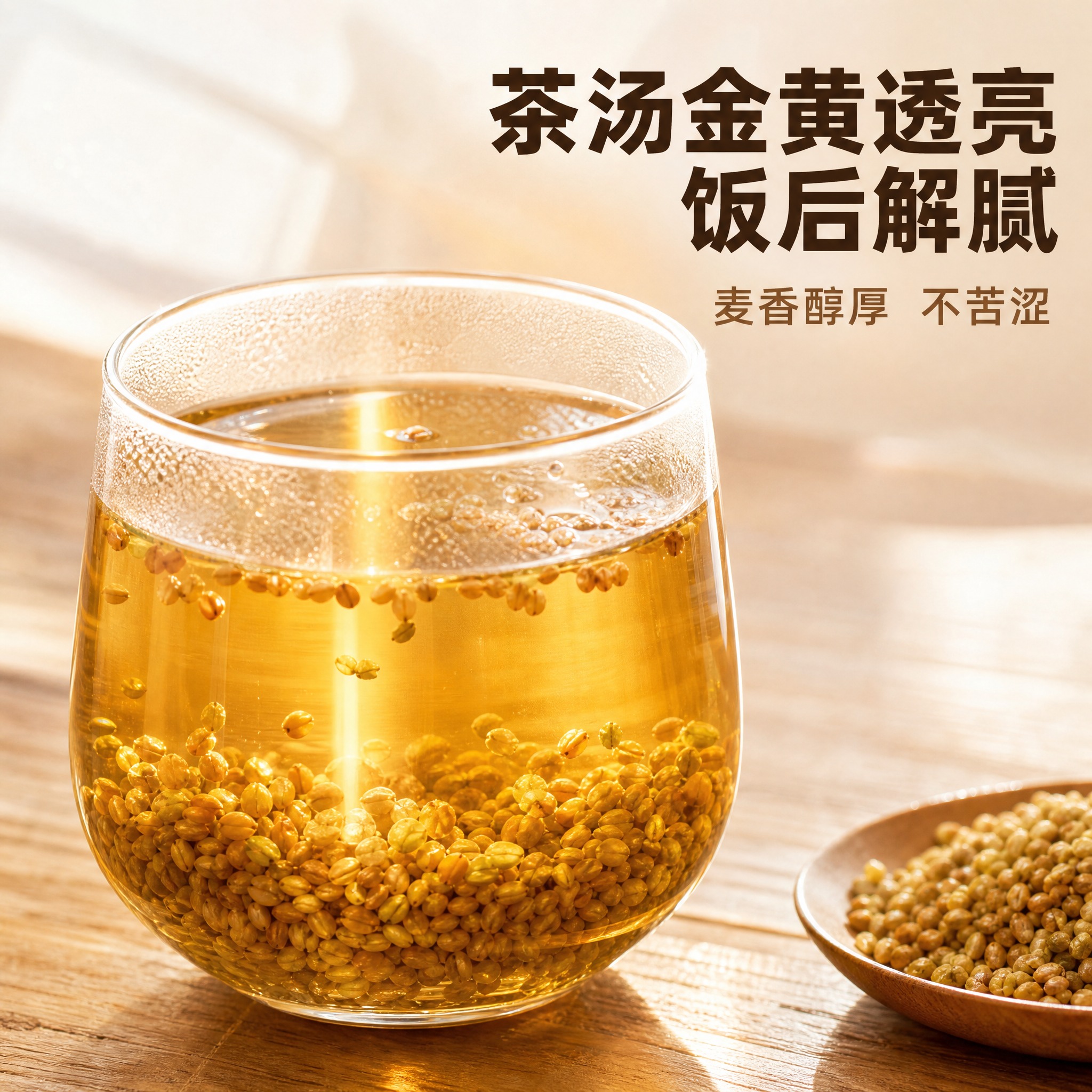 [主图-3] 场景体验图，展示泡好的苦荞茶汤特写，突出茶汤金黄… - 图片创意预览