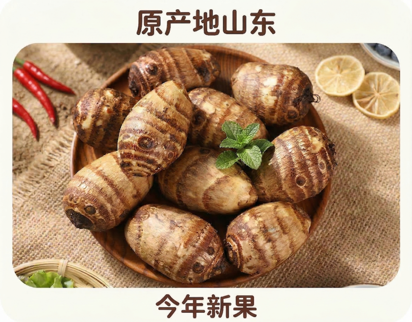 沿着整张图片的最外侧添加完整的简约电商圆角边框，将顶部的“原产地山东”文字和底部的“今年新果”文字都包裹在边框内部，保持内部内容、字体风格和整体布局完全不变，负向提示词：遮挡文字、改变内容、边框错位、预览效果