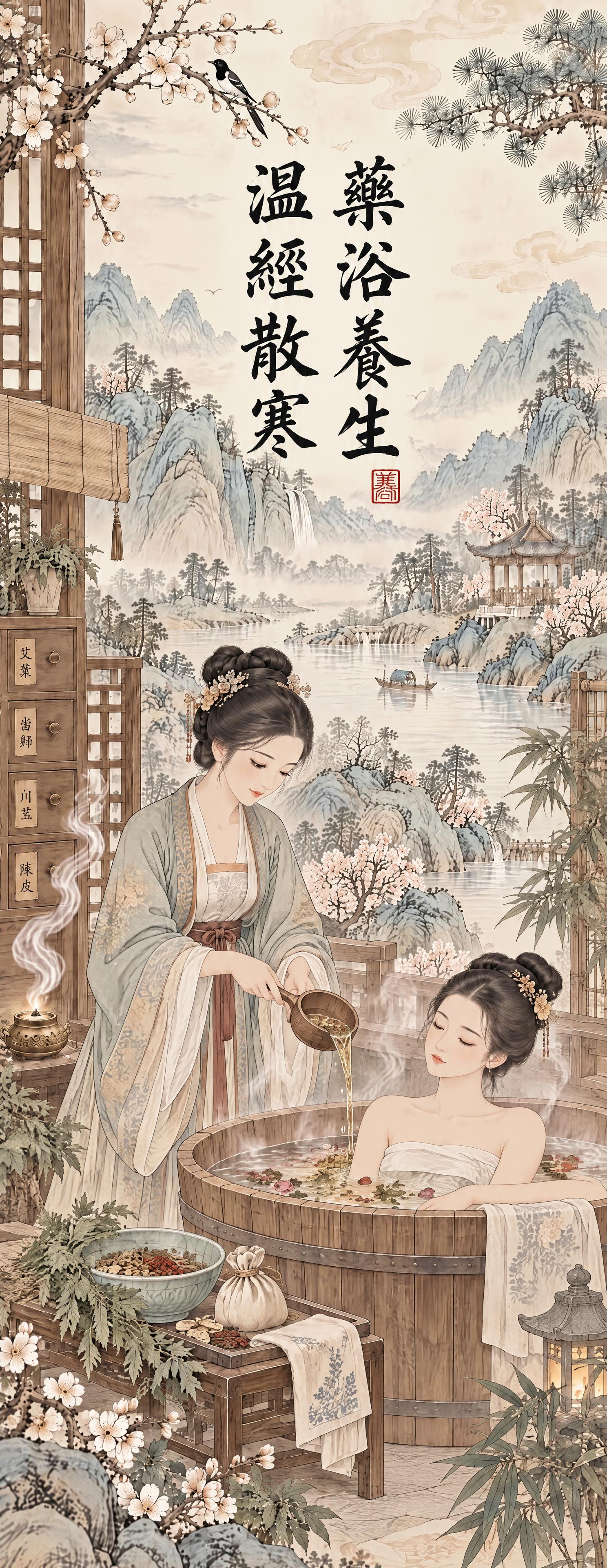 根据参考图的竖版长条尺寸，制作一张宋代风格的中医药浴主题海报，… - 图片创意预览